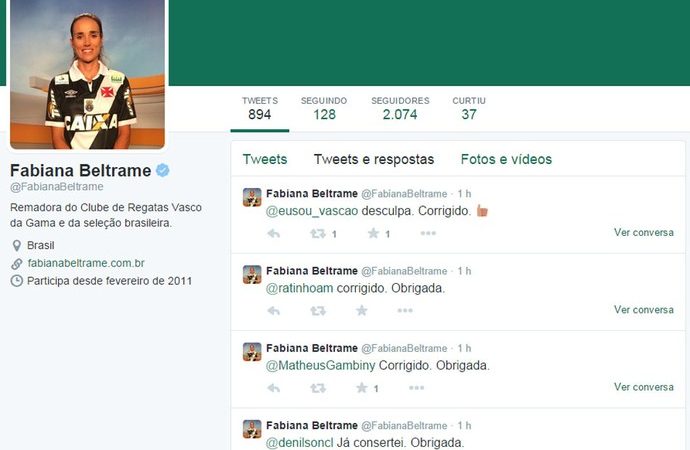 Fabiana Beltrame corrige perfilno Twitter.