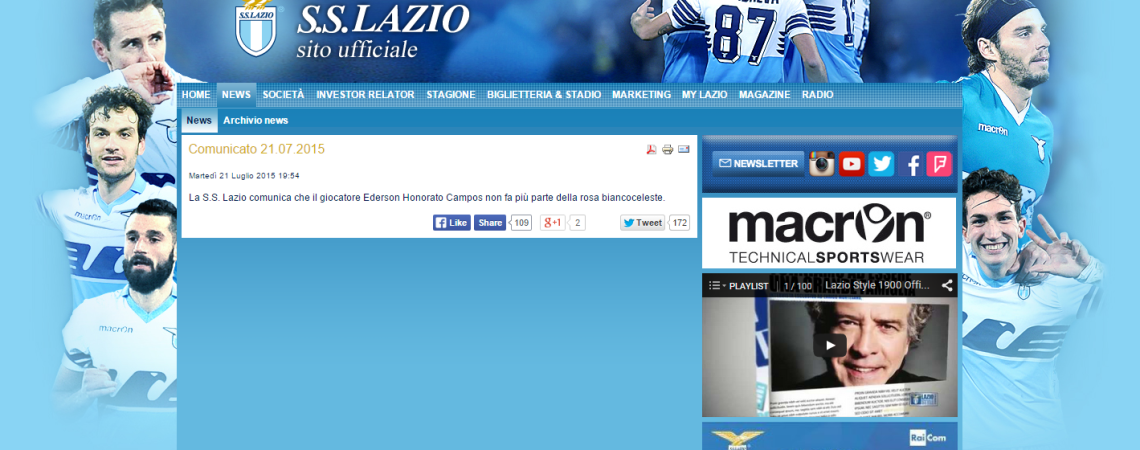 Veja comunicado oficial do site da Lazio sobre saída de Ederson