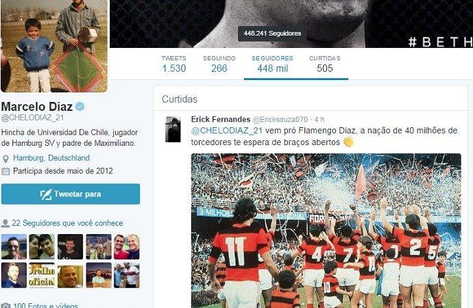 Alvo do Fla, Marcelo Díaz curte pedido “Vem, Díaz” de rubro-negros no Twitter