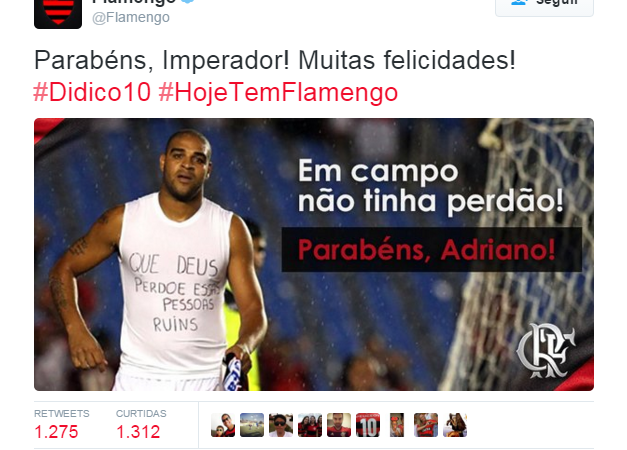 No Twitter, Flamengo lembra do aniversário de Adriano Imperador