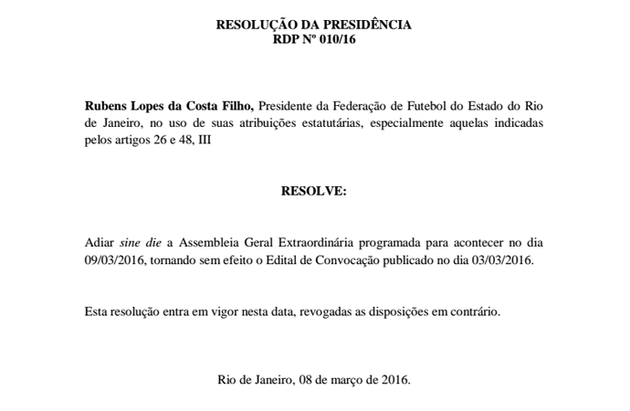 Rubens Lopes cancela assembleia pedida por Eurico para punir Fla e Flu