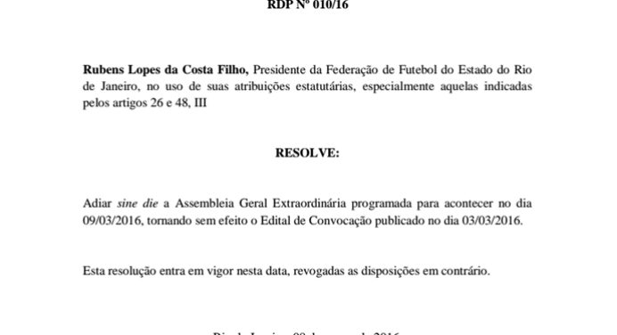 Rubens Lopes cancela assembleia pedida por Eurico para punir Fla e Flu