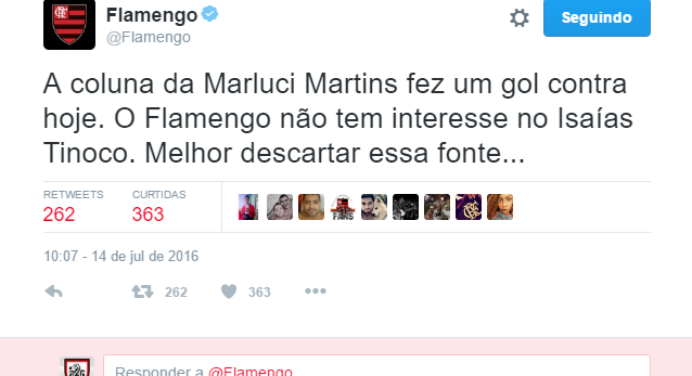 Pelo Twitter, Flamengo desmente interesse em Isaías Tinoco