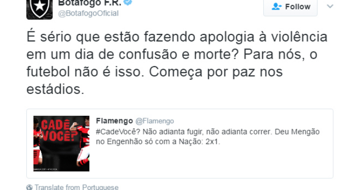 FoxSports: “Perfil oficial do Botafogo ataca o do Flamengo nas redes sociais; morte de torcedor é confirmada”
