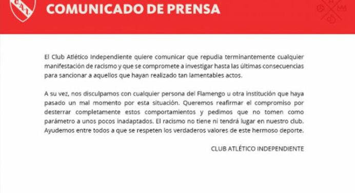 Independiente emite nota se desculpando por atos racistas