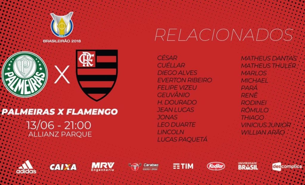 Sem Diego, Fla divulga lista dos relacionados para duelo contra o Palmeiras