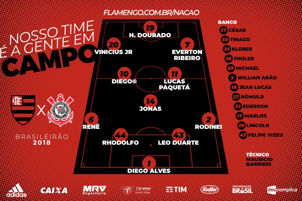 Saiu! Confira escalação do Flamengo para enfrentar o Corinthians