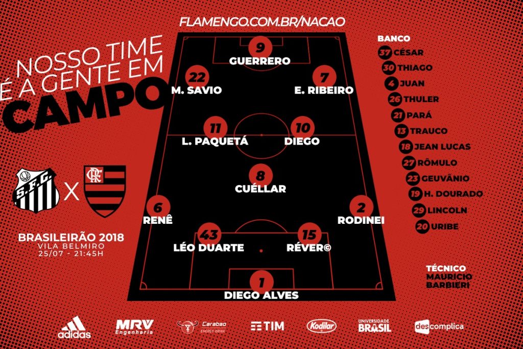 Saiu! Confira escalação do Flamengo para encarar o Santos