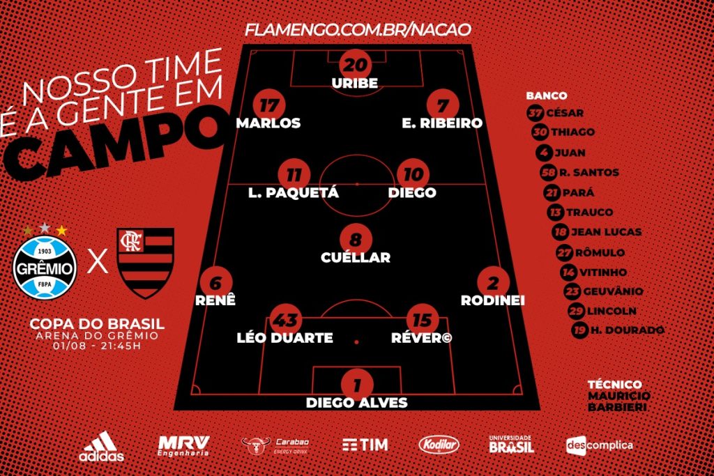 Saiu! Confira a escalação do Flamengo para a primeira decisão contra o Grêmio