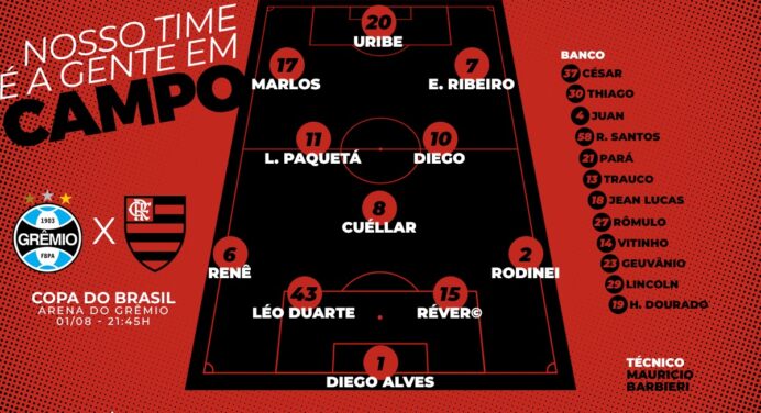 Saiu! Confira a escalação do Flamengo para a primeira decisão contra o Grêmio
