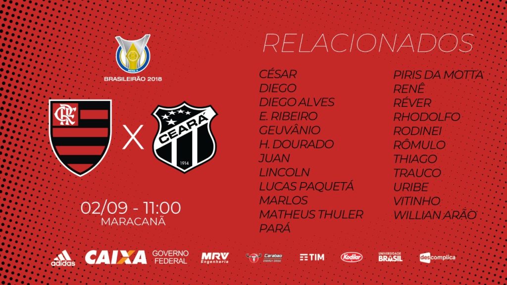 Flamengo divulga lista de relacionados para jogo contra o Ceará