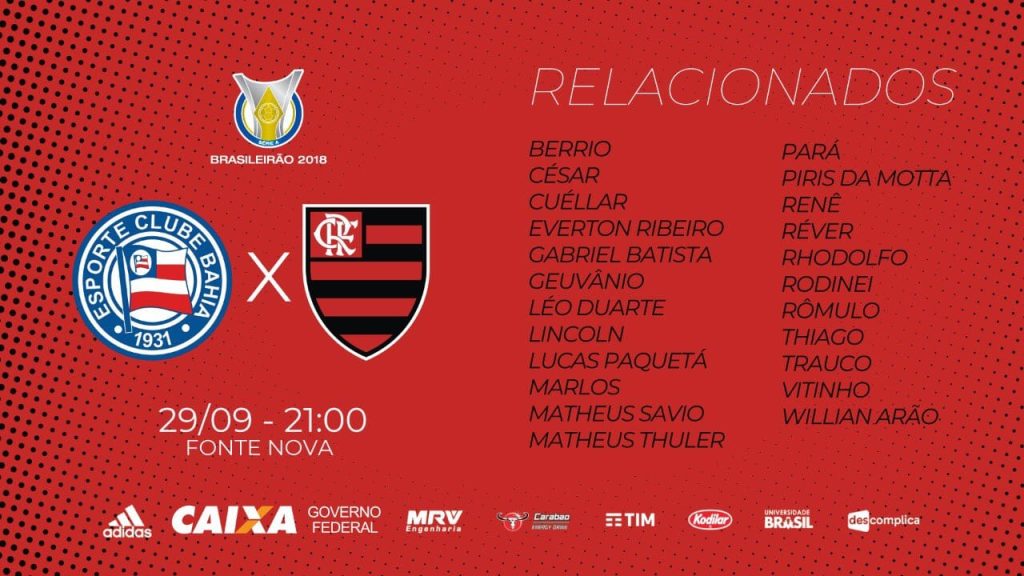 Flamengo divulga lista de relacionados para duelo diante do Bahia