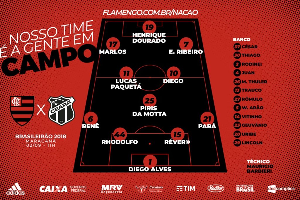 Saiu! Veja a escalação do Flamengo para confronto contra o Ceará