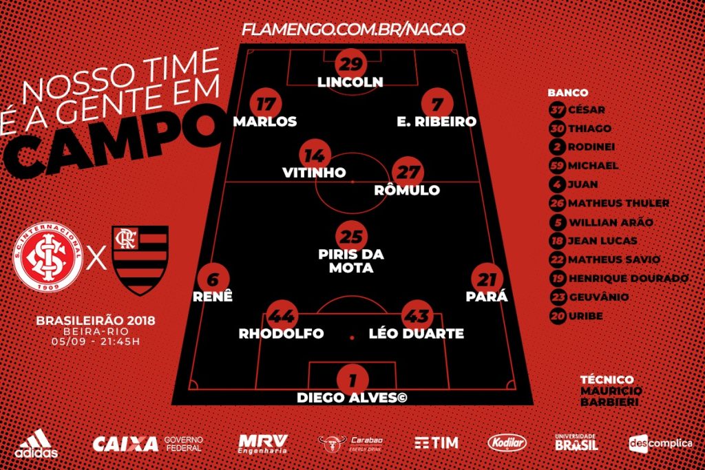 Saiu! Veja a escalação do Flamengo para duelo contra o Internacional