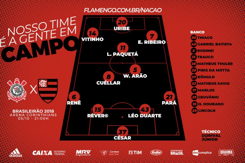 Saiu! Confira a escalação do Flamengo para enfrentar o Corinthians, na Arena