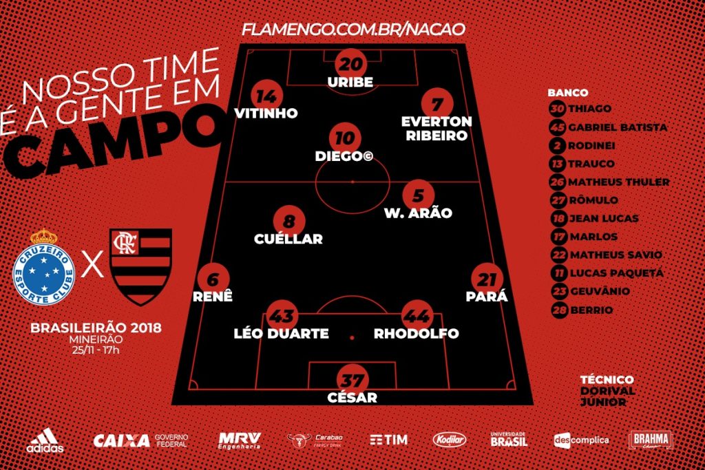 Com Diego Ribas titular, Flamengo divulga escalação para encarar o Cruzeiro; confira