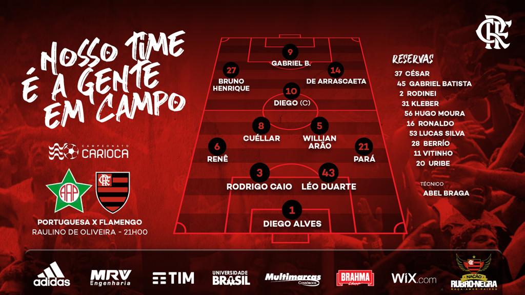 SAIU! Flamengo divulga escalação para enfrentar a Portuguesa, pela Taça Rio