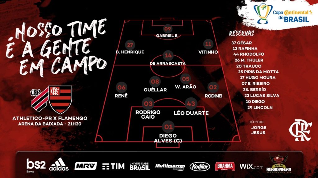 Saiu! Confira escalação do Flamengo para o confronto diante do Athletico, pela Copa do Brasil