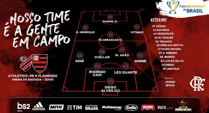 Saiu! Confira escalação do Flamengo para o confronto diante do Athletico, pela Copa do Brasil
