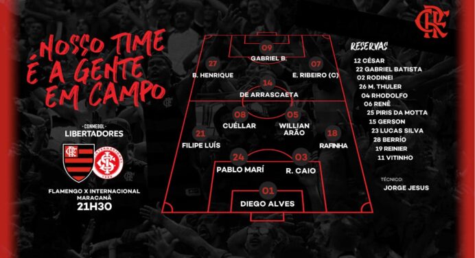 Saiu! Com Gabigol e Arrascaeta titulares, Flamengo divulga escalação para jogo contra o Internacional