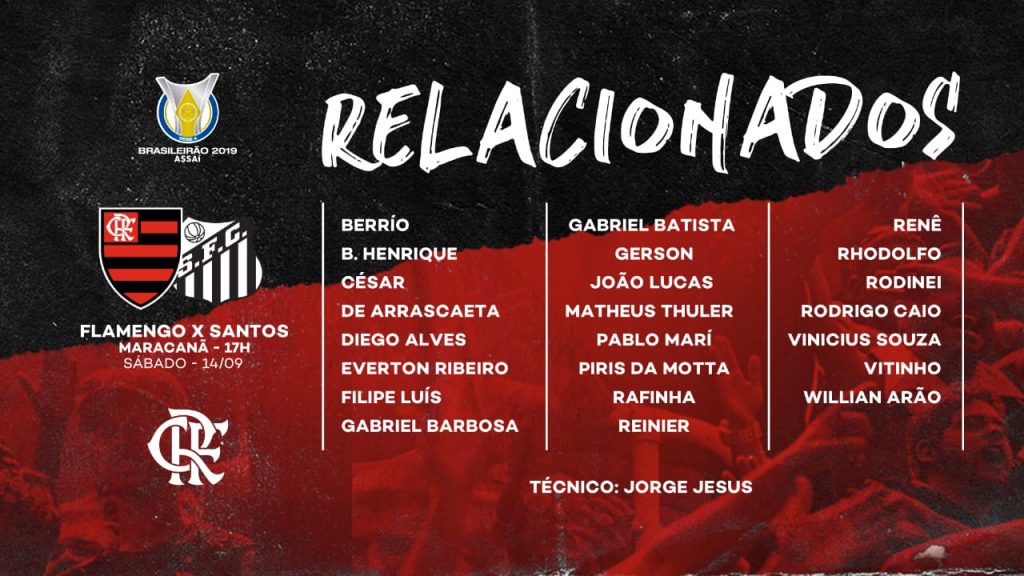 Flamengo divulga lista de relacionados para jogo contra o Santos