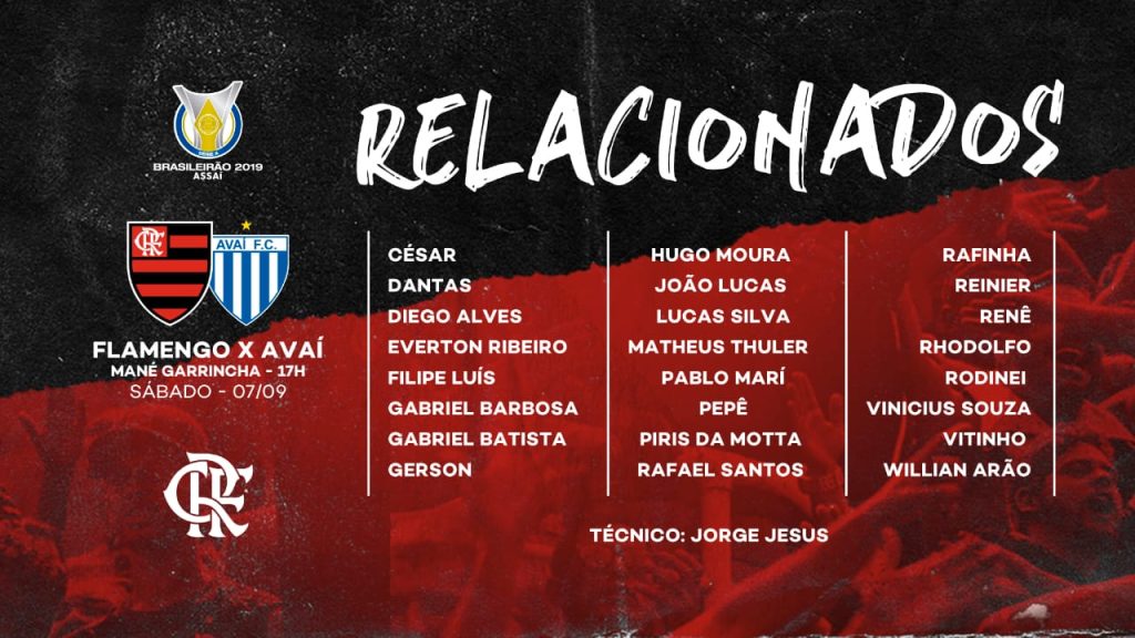 Com quatro desfalques e joia da base, Flamengo divulga lista de relacionados para a 18ª rodada