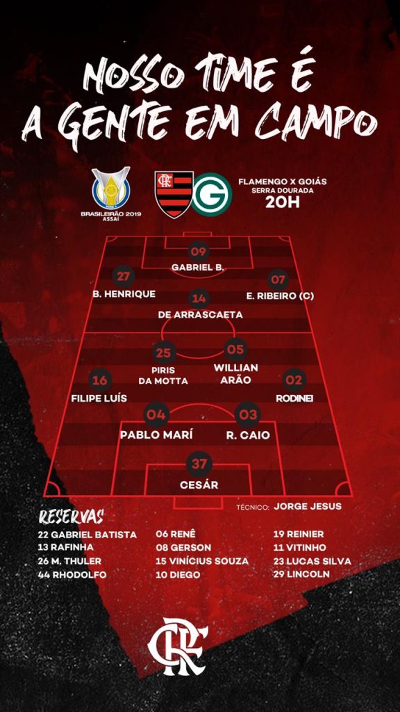 SAIU! Confira a escalação do Flamengo para confronto contra o Goiás