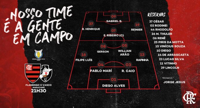 Saiu! Confira a escalação do Flamengo para o clássico contra o Vasco