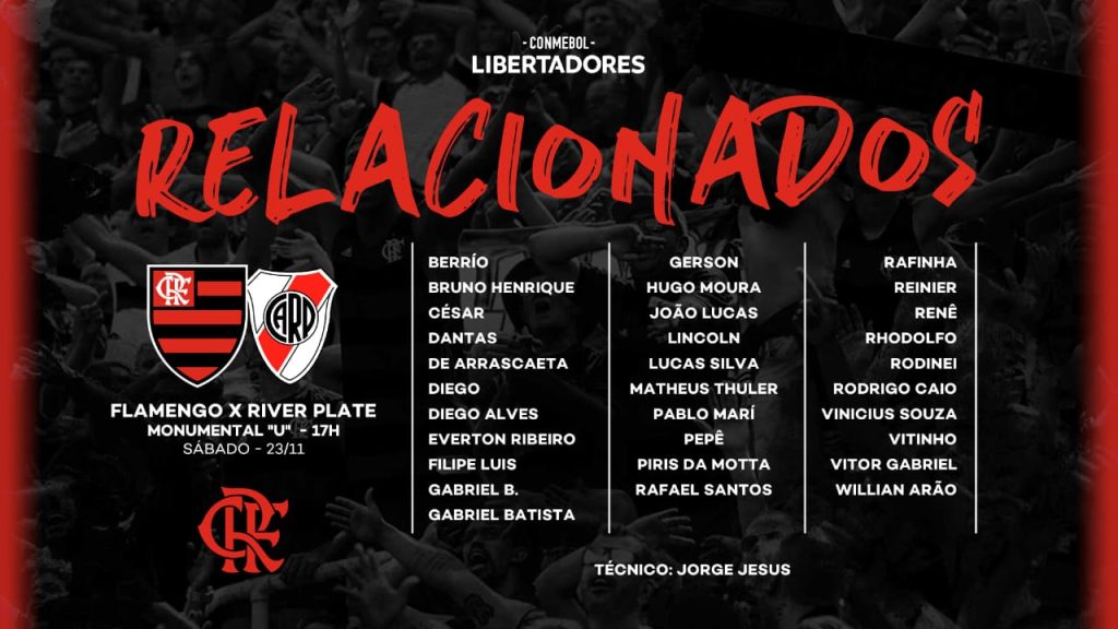 Flamengo divulga lista de jogadores relacionados para a final da Copa Libertadores 2019