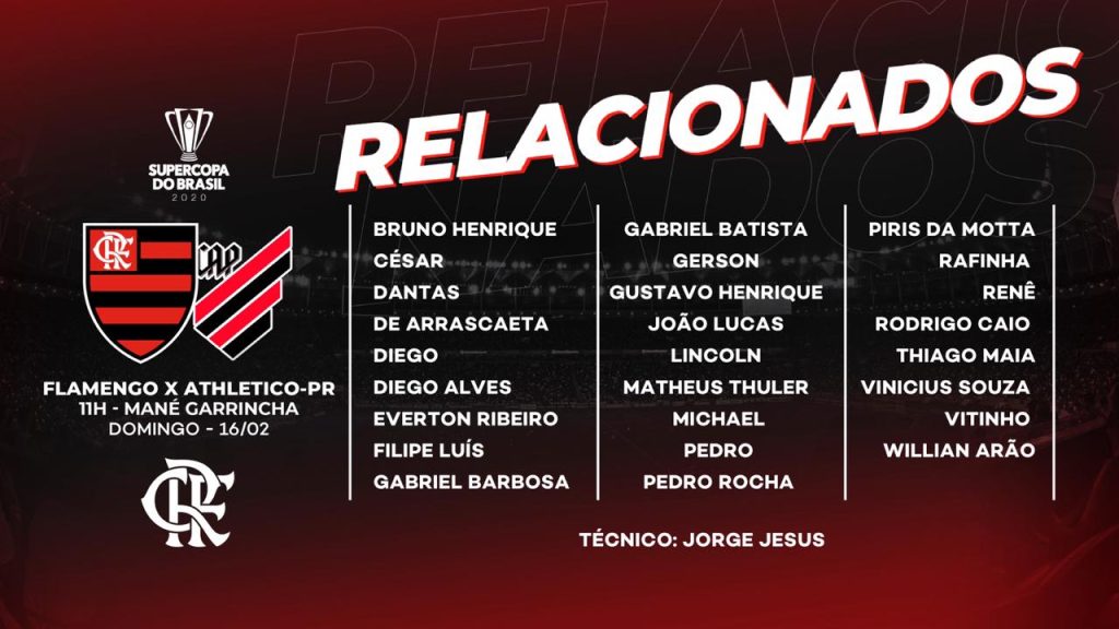 Supercopa! Flamengo divulga relacionados para a partida contra o Athletico