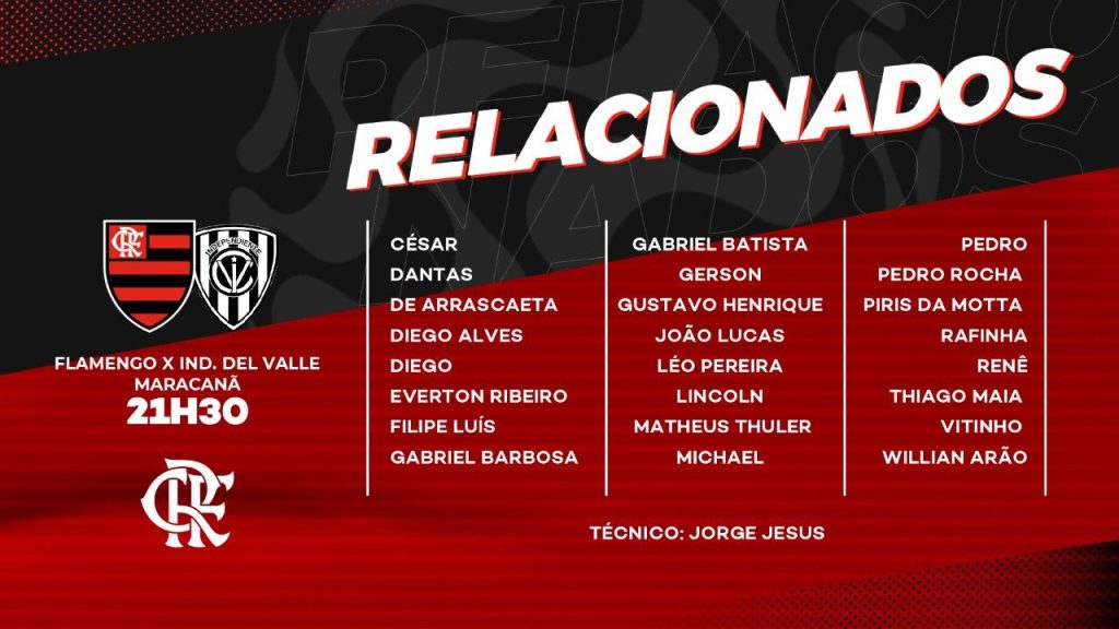 Pela Recopa! Flamengo divulga relacionados para a partida contra o Independiente Del Valle