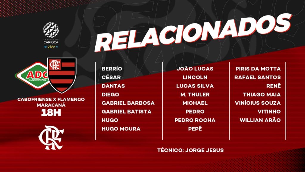 Taça Rio! Flamengo divulga relacionados para partida contra a Cabofriense