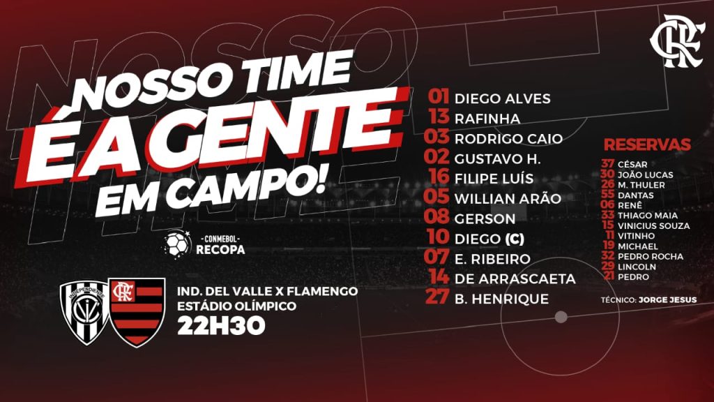 Com Diego entre os titulares, Flamengo divulga escalação para encarar o Independiente Del Valle