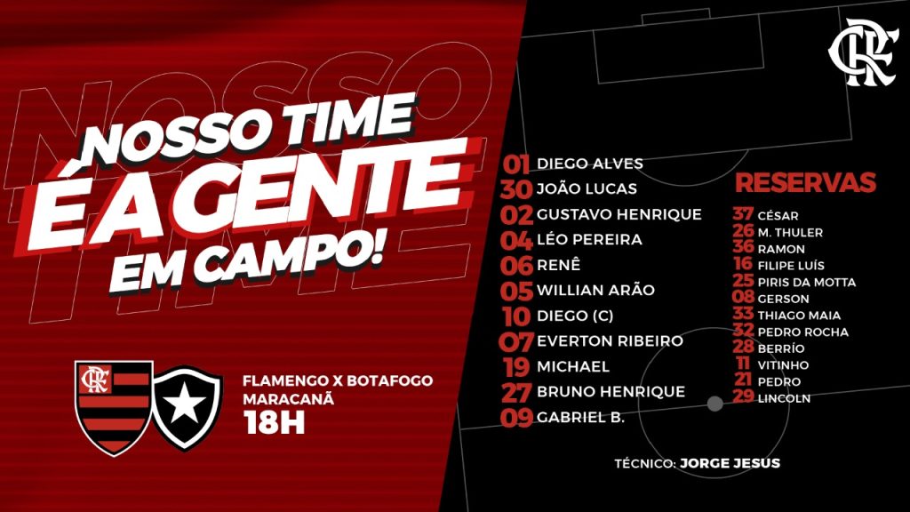 Saiu! Com Bruno Henrique, Flamengo divulga escalação para enfrentar o Botafogo