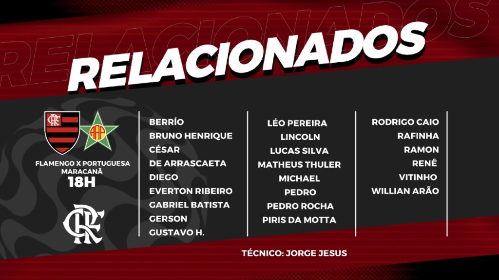 Com desfalques, Flamengo divulga relacionados para encarar a Portuguesa, pela Taça Rio