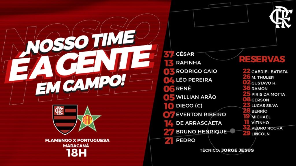 Saiu! Flamengo escalado para enfrentar a Portuguesa, pela Taça Rio