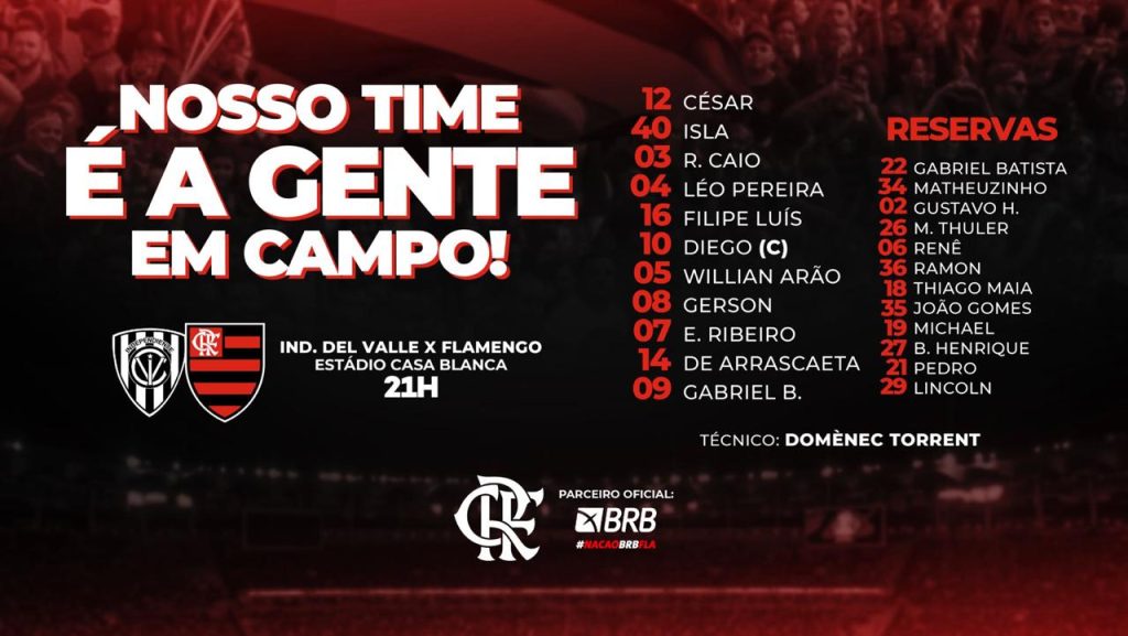 SAIU! Sem Bruno Henrique, o Flamengo está escalado para jogo contra o Independiente Del Valle, pela Libertadores