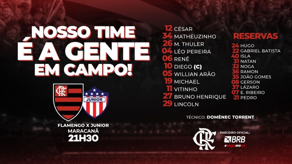 SAIU! Flamengo está escalado para enfrentar o Junior Barranquilla