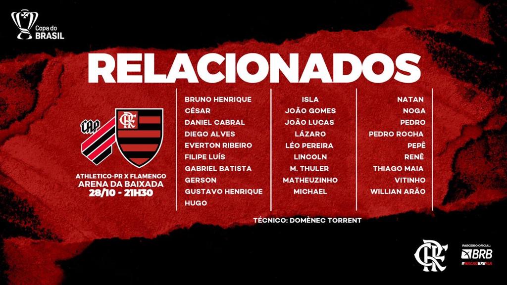 Confira a lista de relacionados do Flamengo para jogo contra Athletico