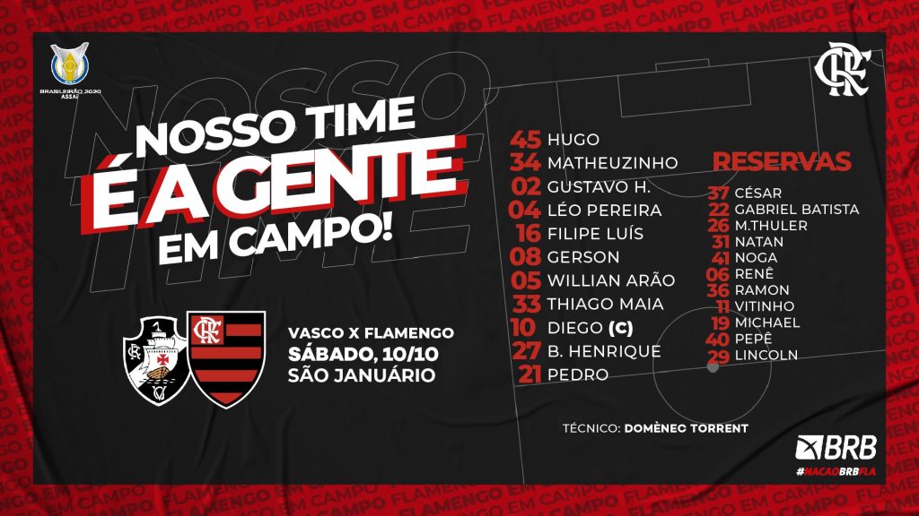 Saiu! Confira a escalação do Flamengo para encarar o Vasco