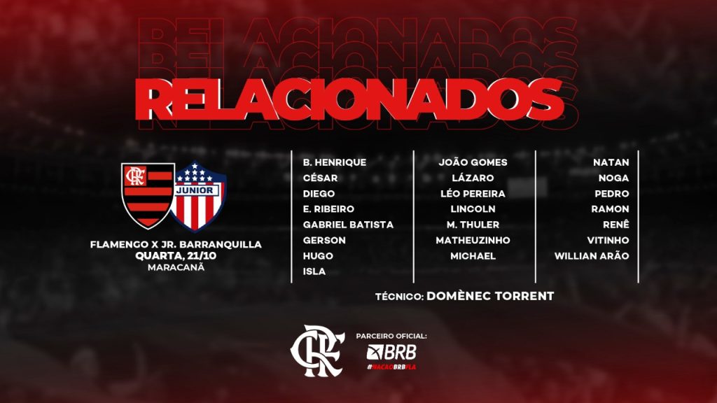 Confira os relacionados do Flamengo para jogo contra o Junior Barranquila, pela Libertadores