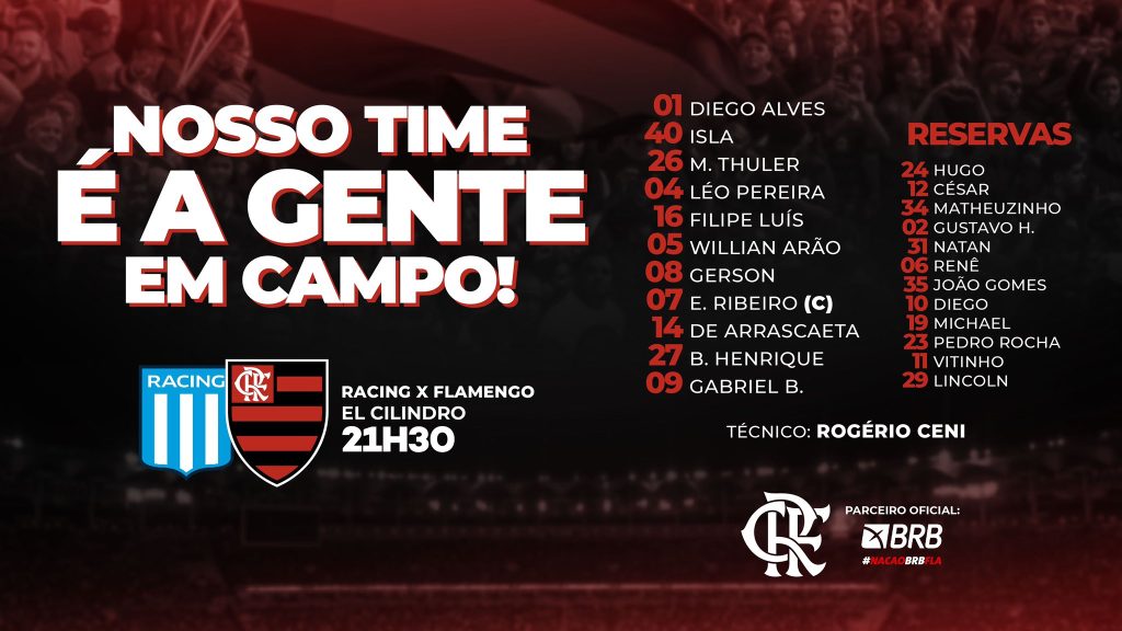 Saiu! Com Filipe Luís e Gabigol, Flamengo divulga escalação para o jogo contra o Racing