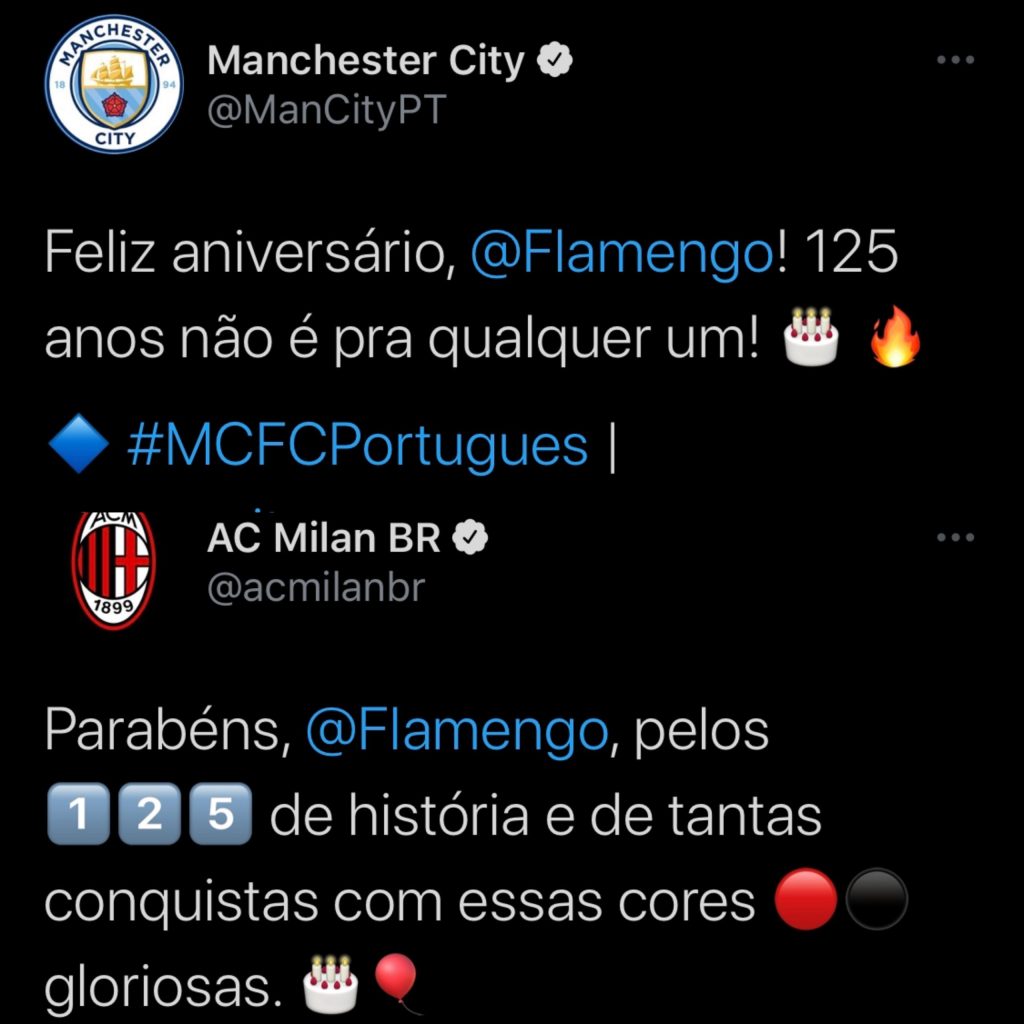 #Fla125 | Milan e Manchester City publicam mensagens em homenagem ao Flamengo