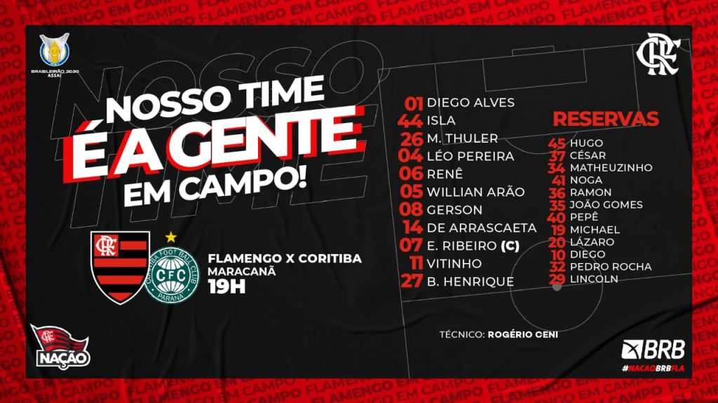 SAIU! Com Isla de volta ao time, Flamengo divulga escalação para jogo contra o Coritiba