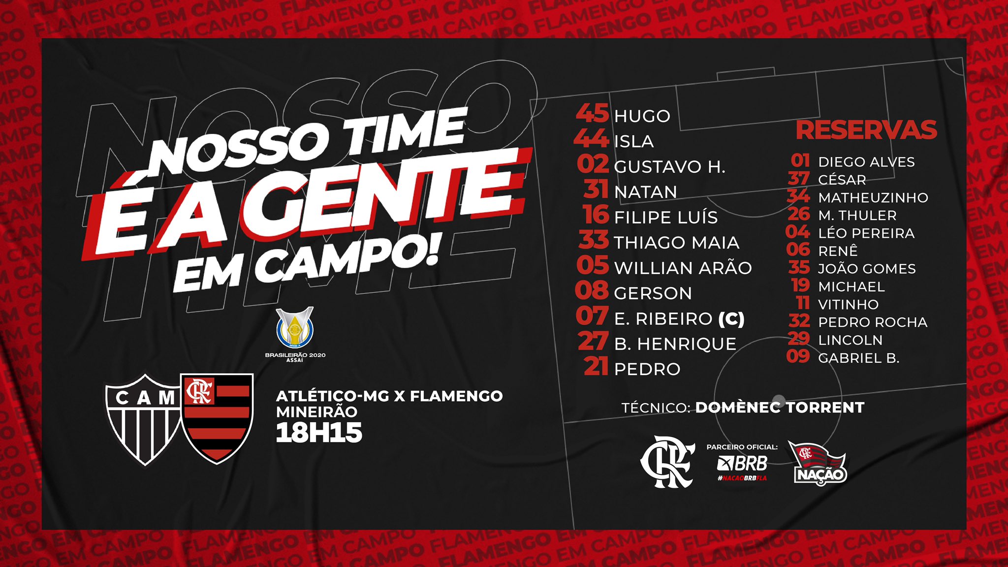 SAIU! Flamengo divulga escalação para jogo contra o Atlético-MG - Coluna do  Fla
