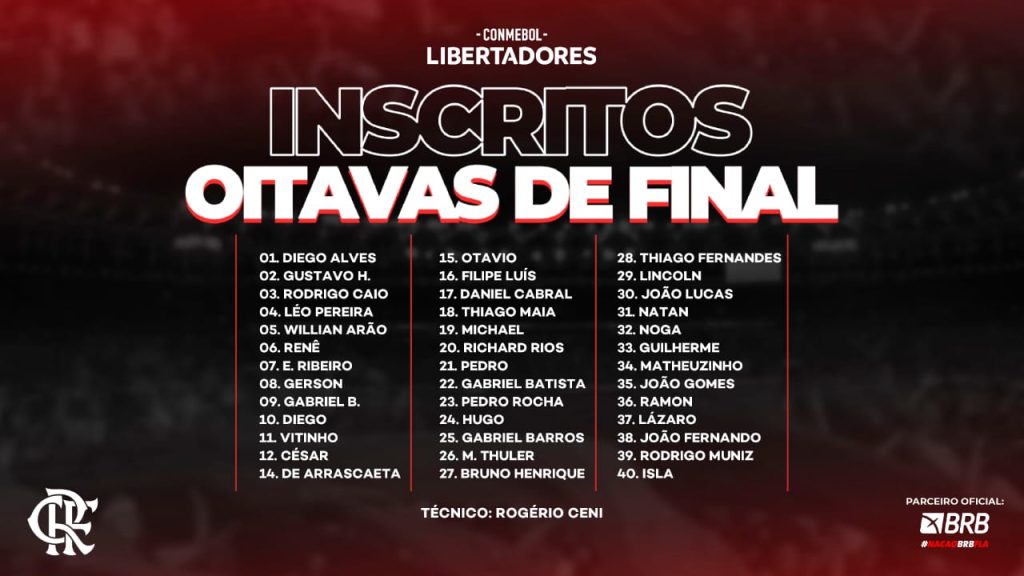 Flamengo divulga lista de inscritos para as oitavas de final da Copa Libertadores