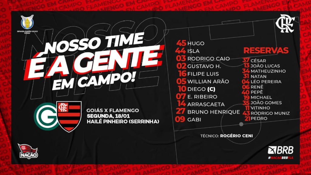 Saiu! Com Gustavo Henrique na zaga e Hugo no gol, Flamengo divulga escalação para jogo contra o Goiás