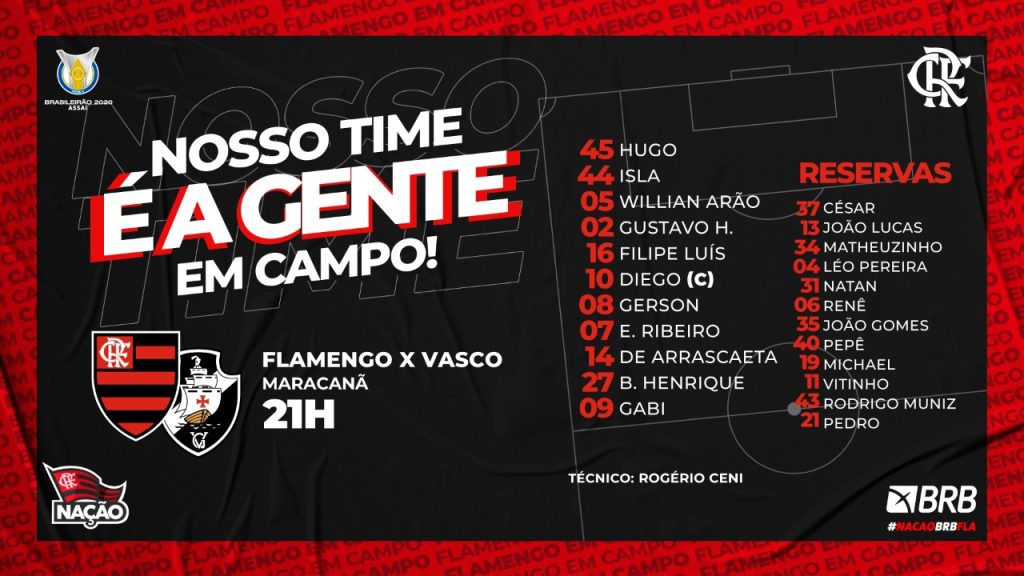 SAIU! Com Gerson titular, Flamengo divulga escalação para jogo contra o Vasco