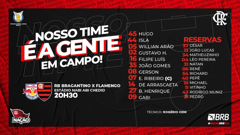 SAIU! Com João Gomes titular, Flamengo divulga escalação para jogo contra o Bragantino