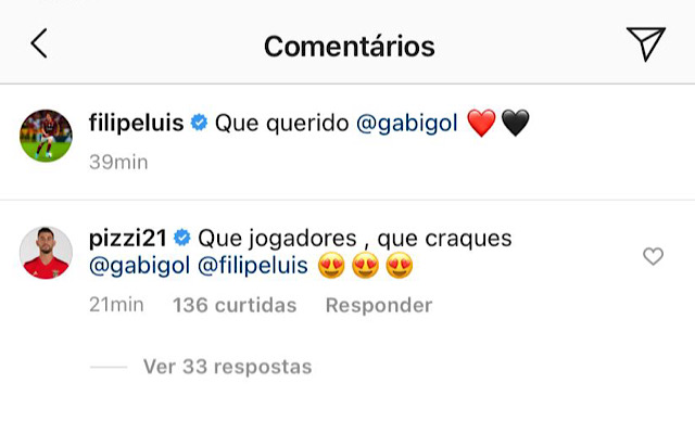 Jogador do Benfica ‘tieta’ foto de Filipe Luis com Gabigol e recebe pedido de rubro-negros